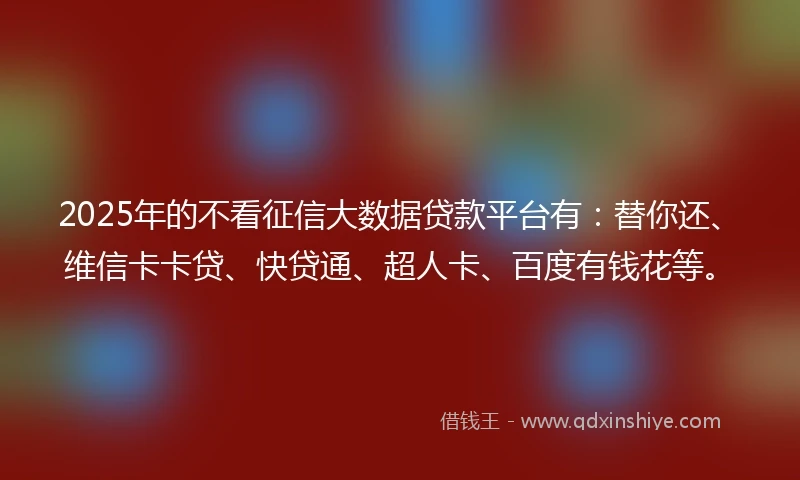 2025年的不看征信大数据贷款平台有：替你还、维信卡卡贷、快贷通、超人卡、百度有钱花等。