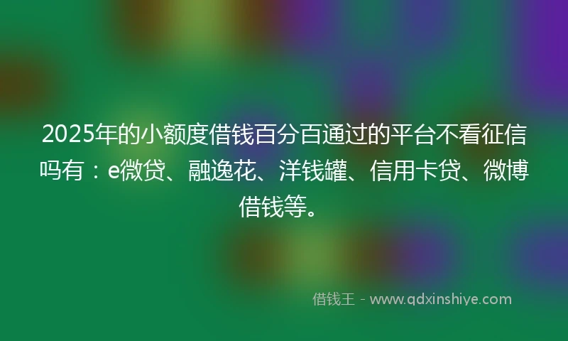 2025年的小额度借钱百分百通过的平台不看征信吗有：e微贷、融逸花、洋钱罐、信用卡贷、微博借钱等。
