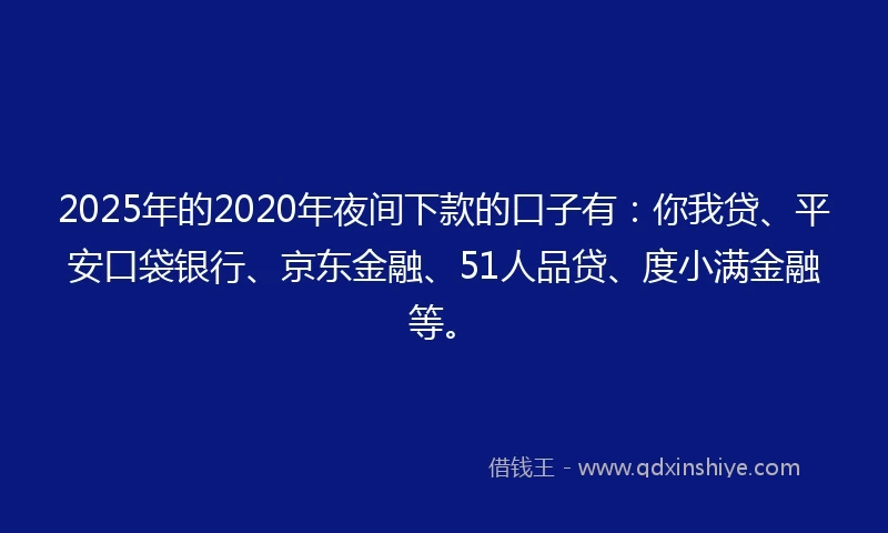 2025年的2020年夜间下款的口子有：你我贷、平安口袋银行、京东金融、51人品贷、度小满金融等。