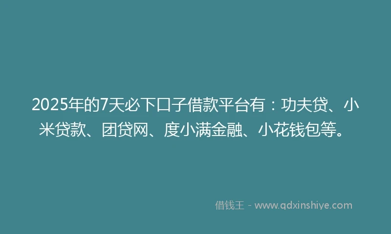 2025年的7天必下口子借款平台有：功夫贷、小米贷款、团贷网、度小满金融、小花钱包等。