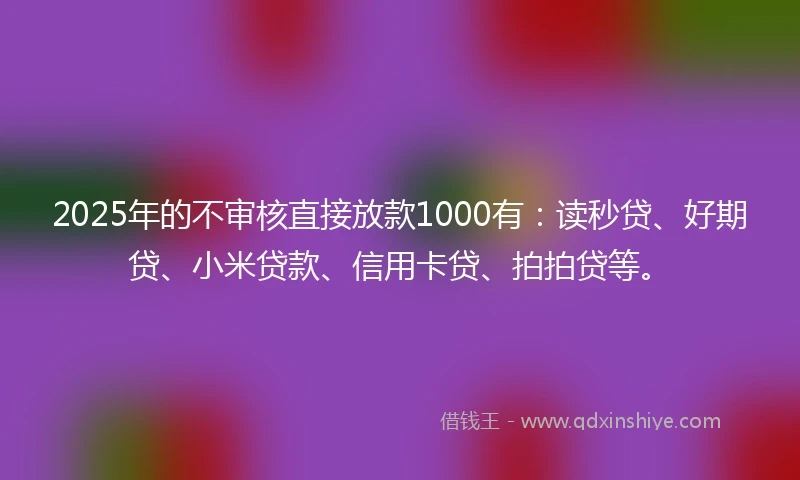 2025年的不审核直接放款1000有：读秒贷、好期贷、小米贷款、信用卡贷、拍拍贷等。