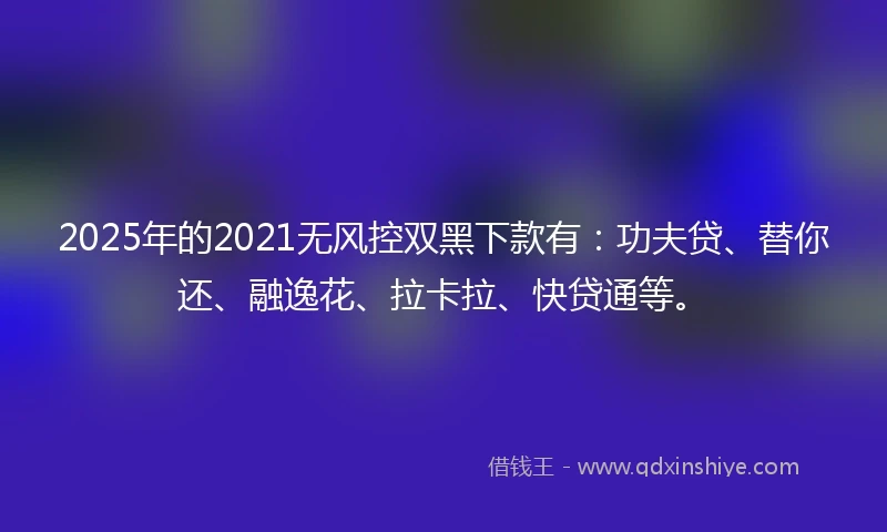 2025年的2021无风控双黑下款有：功夫贷、替你还、融逸花、拉卡拉、快贷通等。