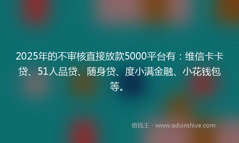 2025年的不审核直接放款5000平台有：维信卡卡贷、51人品贷、随身贷、度小满金融、小花钱包等。