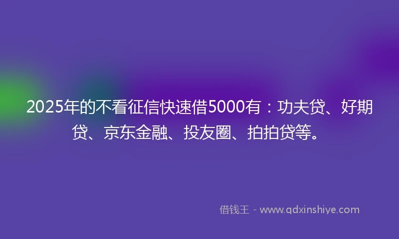 2025年的不看征信快速借5000有：功夫贷、好期贷、京东金融、投友圈、拍拍贷等。