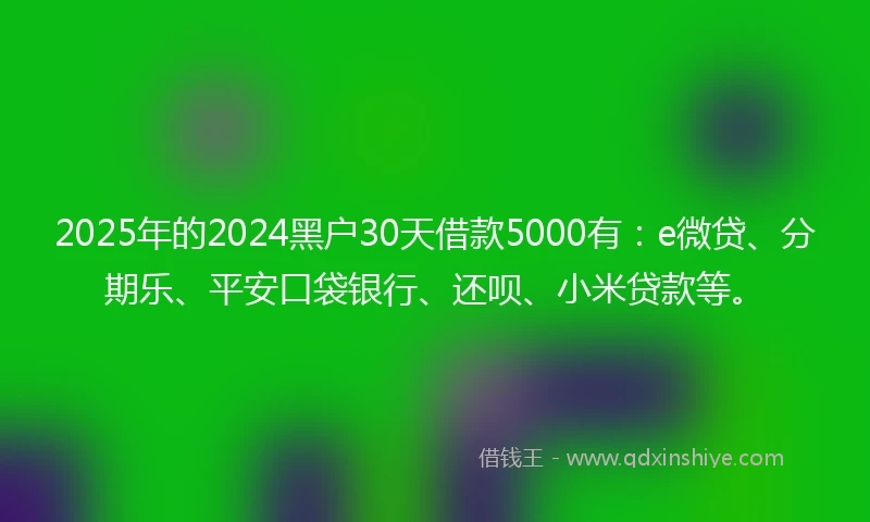 2025年的2024黑户30天借款5000有：e微贷、分期乐、平安口袋银行、还呗、小米贷款等。