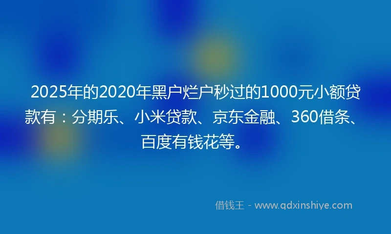 2025年的2020年黑户烂户秒过的1000元小额贷款有：分期乐、小米贷款、京东金融、360借条、百度有钱花等。