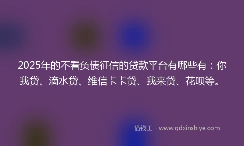 2025年的不看负债征信的贷款平台有哪些有：你我贷、滴水贷、维信卡卡贷、我来贷、花呗等。
