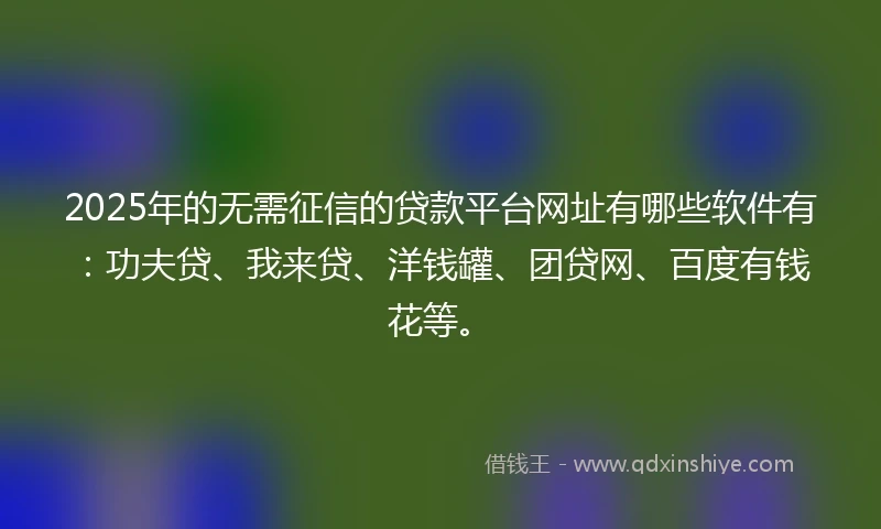 2025年的无需征信的贷款平台网址有哪些软件有：功夫贷、我来贷、洋钱罐、团贷网、百度有钱花等。