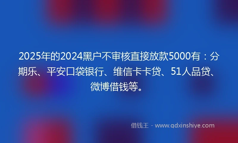 2025年的2024黑户不审核直接放款5000有：分期乐、平安口袋银行、维信卡卡贷、51人品贷、微博借钱等。