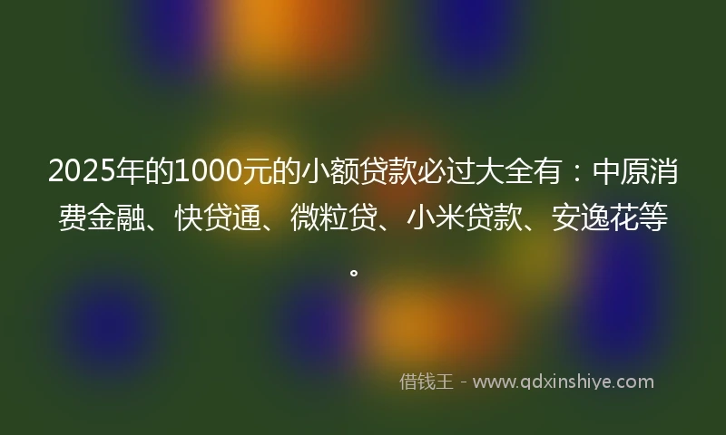 2025年的1000元的小额贷款必过大全有：中原消费金融、快贷通、微粒贷、小米贷款、安逸花等。