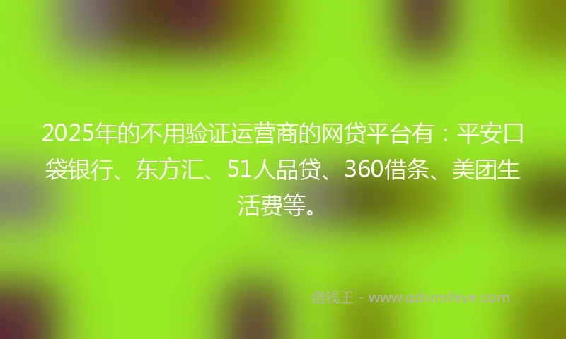 2025年的不用验证运营商的网贷平台有：平安口袋银行、东方汇、51人品贷、360借条、美团生活费等。