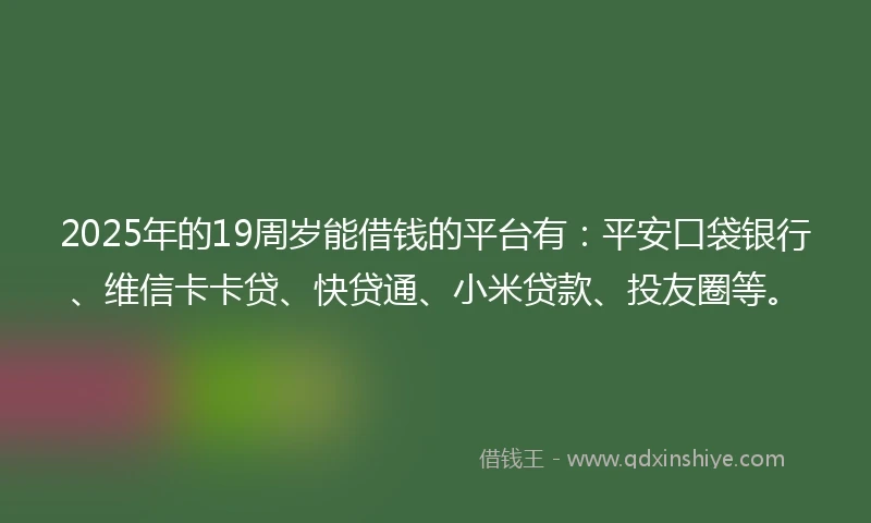 2025年的19周岁能借钱的平台有：平安口袋银行、维信卡卡贷、快贷通、小米贷款、投友圈等。
