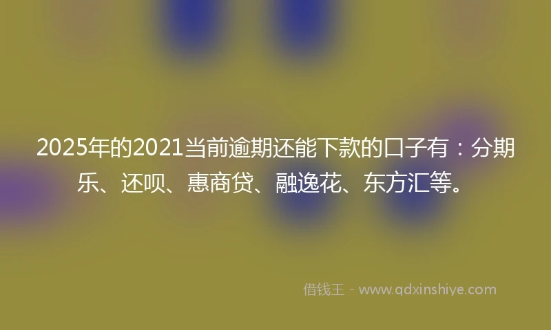 2025年的2021当前逾期还能下款的口子有：分期乐、还呗、惠商贷、融逸花、东方汇等。
