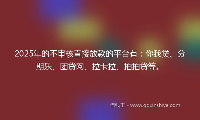 2025年的不审核直接放款的平台有：你我贷、分期乐、团贷网、拉卡拉、拍拍贷等。