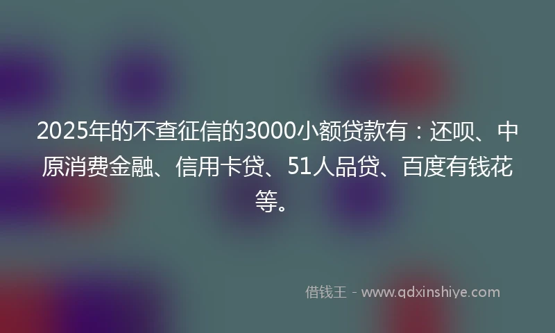 2025年的不查征信的3000小额贷款有：还呗、中原消费金融、信用卡贷、51人品贷、百度有钱花等。