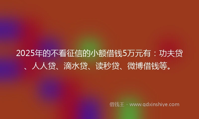 2025年的不看征信的小额借钱5万元有：功夫贷、人人贷、滴水贷、读秒贷、微博借钱等。
