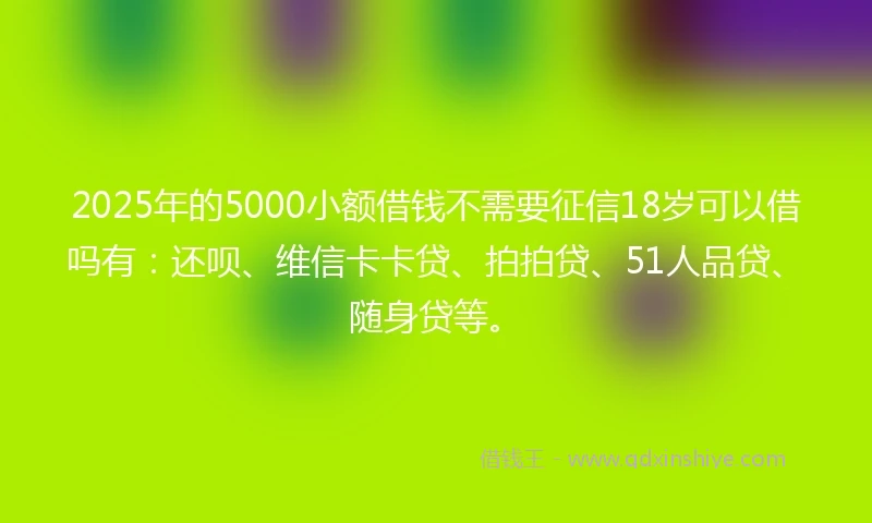 2025年的5000小额借钱不需要征信18岁可以借吗有：还呗、维信卡卡贷、拍拍贷、51人品贷、随身贷等。