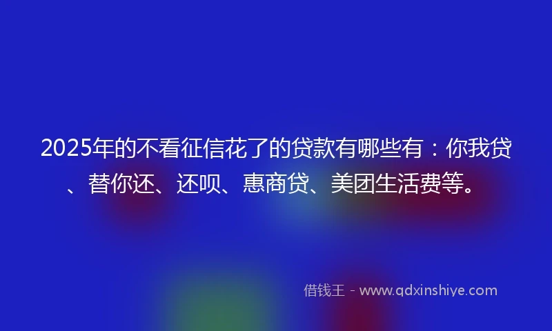 2025年的不看征信花了的贷款有哪些有：你我贷、替你还、还呗、惠商贷、美团生活费等。