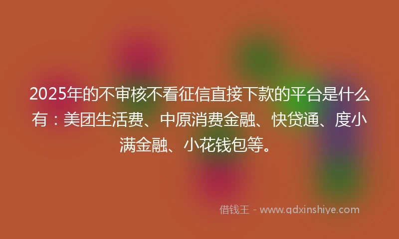 2025年的不审核不看征信直接下款的平台是什么有：美团生活费、中原消费金融、快贷通、度小满金融、小花钱包等。