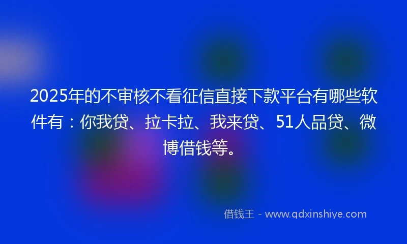 2025年的不审核不看征信直接下款平台有哪些软件有：你我贷、拉卡拉、我来贷、51人品贷、微博借钱等。