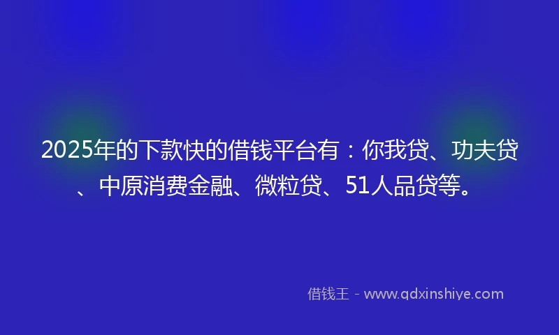 2025年的下款快的借钱平台有：你我贷、功夫贷、中原消费金融、微粒贷、51人品贷等。