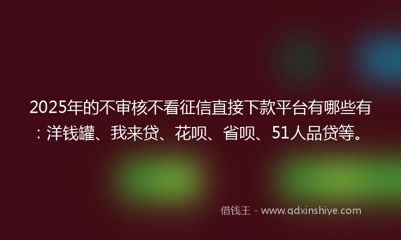 2025年的不审核不看征信直接下款平台有哪些有：洋钱罐、我来贷、花呗、省呗、51人品贷等。