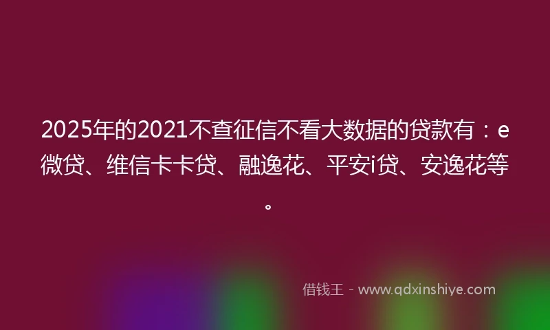 2025年的2021不查征信不看大数据的贷款有：e微贷、维信卡卡贷、融逸花、平安i贷、安逸花等。