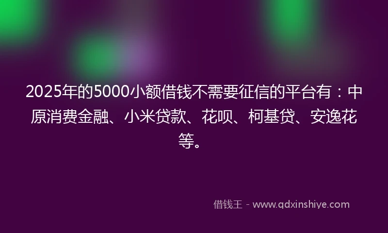 2025年的5000小额借钱不需要征信的平台有：中原消费金融、小米贷款、花呗、柯基贷、安逸花等。