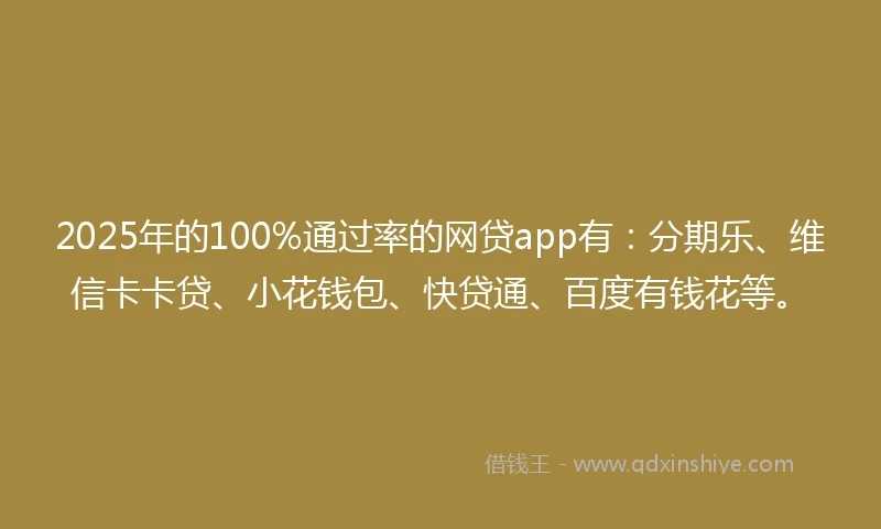 2025年的100%通过率的网贷app有：分期乐、维信卡卡贷、小花钱包、快贷通、百度有钱花等。