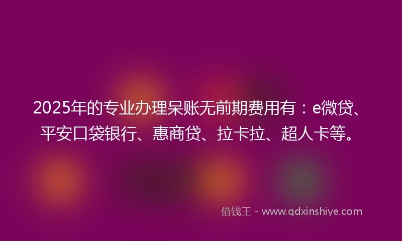 2025年的专业办理呆账无前期费用有：e微贷、平安口袋银行、惠商贷、拉卡拉、超人卡等。