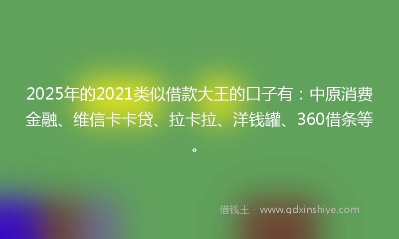 2025年的2021类似借款大王的口子有：中原消费金融、维信卡卡贷、拉卡拉、洋钱罐、360借条等。