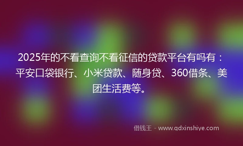 2025年的不看查询不看征信的贷款平台有吗有：平安口袋银行、小米贷款、随身贷、360借条、美团生活费等。