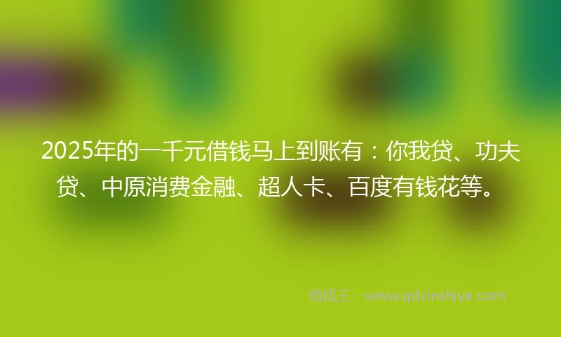 2025年的一千元借钱马上到账有：你我贷、功夫贷、中原消费金融、超人卡、百度有钱花等。
