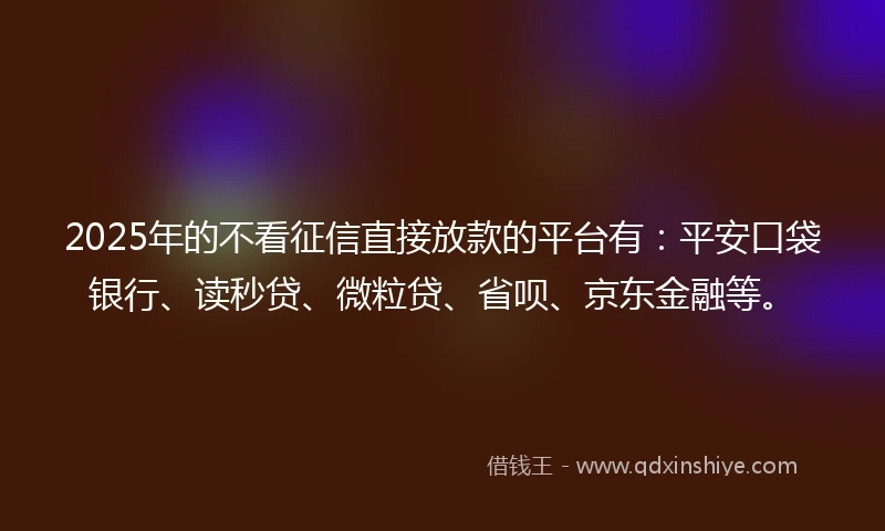 2025年的不看征信直接放款的平台有：平安口袋银行、读秒贷、微粒贷、省呗、京东金融等。