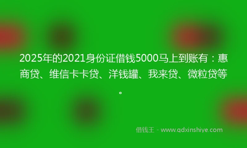 2025年的2021身份证借钱5000马上到账有：惠商贷、维信卡卡贷、洋钱罐、我来贷、微粒贷等。