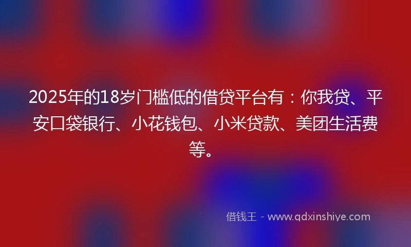 2025年的18岁门槛低的借贷平台有：你我贷、平安口袋银行、小花钱包、小米贷款、美团生活费等。