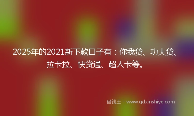 2025年的2021新下款口子有：你我贷、功夫贷、拉卡拉、快贷通、超人卡等。