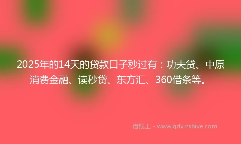 2025年的14天的贷款口子秒过有：功夫贷、中原消费金融、读秒贷、东方汇、360借条等。