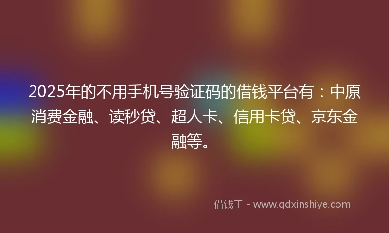 2025年的不用手机号验证码的借钱平台有：中原消费金融、读秒贷、超人卡、信用卡贷、京东金融等。