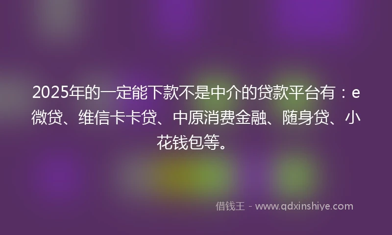 2025年的一定能下款不是中介的贷款平台有：e微贷、维信卡卡贷、中原消费金融、随身贷、小花钱包等。