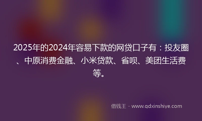 2025年的2024年容易下款的网贷口子有：投友圈、中原消费金融、小米贷款、省呗、美团生活费等。