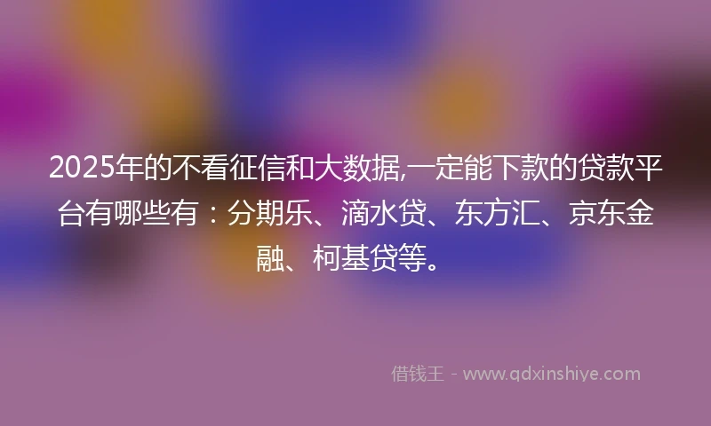 2025年的不看征信和大数据,一定能下款的贷款平台有哪些有：分期乐、滴水贷、东方汇、京东金融、柯基贷等。