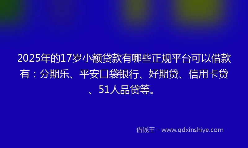 2025年的17岁小额贷款有哪些正规平台可以借款有：分期乐、平安口袋银行、好期贷、信用卡贷、51人品贷等。