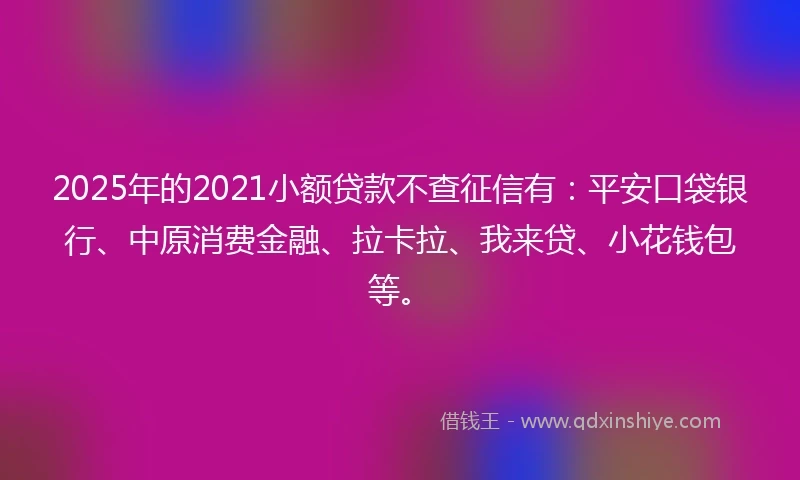 2025年的2021小额贷款不查征信有：平安口袋银行、中原消费金融、拉卡拉、我来贷、小花钱包等。