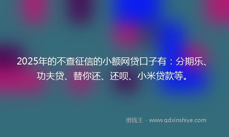 2025年的不查征信的小额网贷口子有：分期乐、功夫贷、替你还、还呗、小米贷款等。