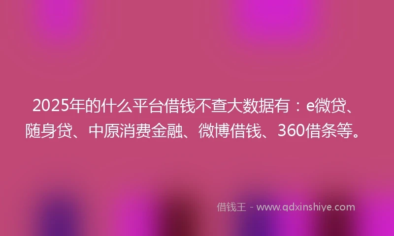 2025年的什么平台借钱不查大数据有：e微贷、随身贷、中原消费金融、微博借钱、360借条等。