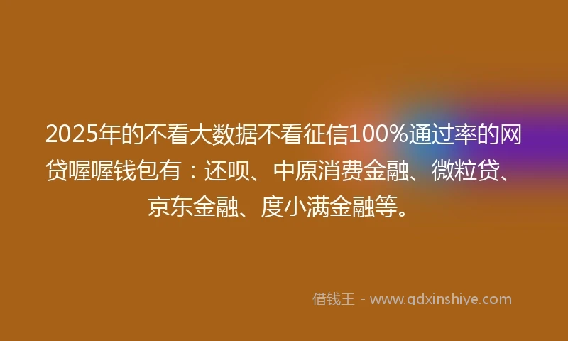 2025年的不看大数据不看征信100%通过率的网贷喔喔钱包有：还呗、中原消费金融、微粒贷、京东金融、度小满金融等。
