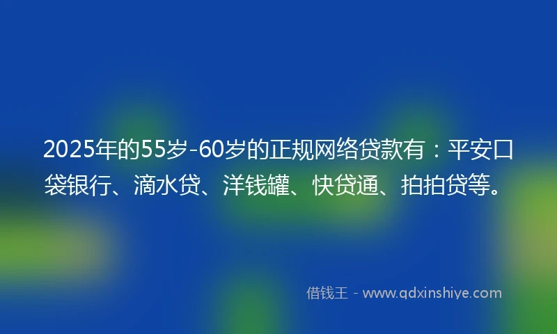 2025年的55岁-60岁的正规网络贷款有：平安口袋银行、滴水贷、洋钱罐、快贷通、拍拍贷等。