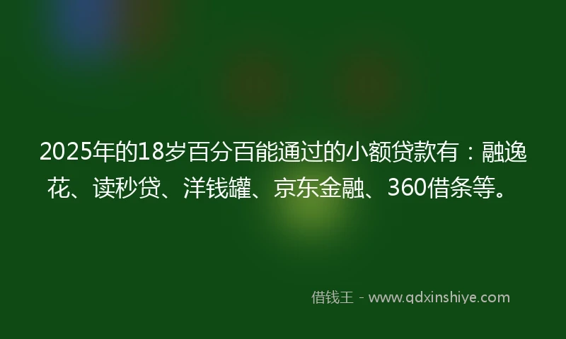 2025年的18岁百分百能通过的小额贷款有：融逸花、读秒贷、洋钱罐、京东金融、360借条等。