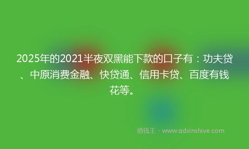 2025年的2021半夜双黑能下款的口子有：功夫贷、中原消费金融、快贷通、信用卡贷、百度有钱花等。